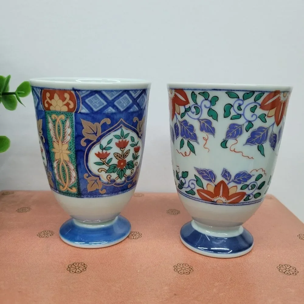 Pair Japanese Vintage Arita Porcelain Footed Tea Cups